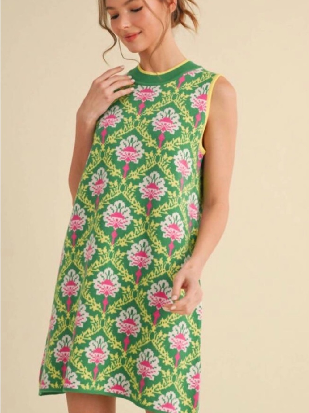 JODIFL Green Floral Knit Mini Dress with Pink Accents